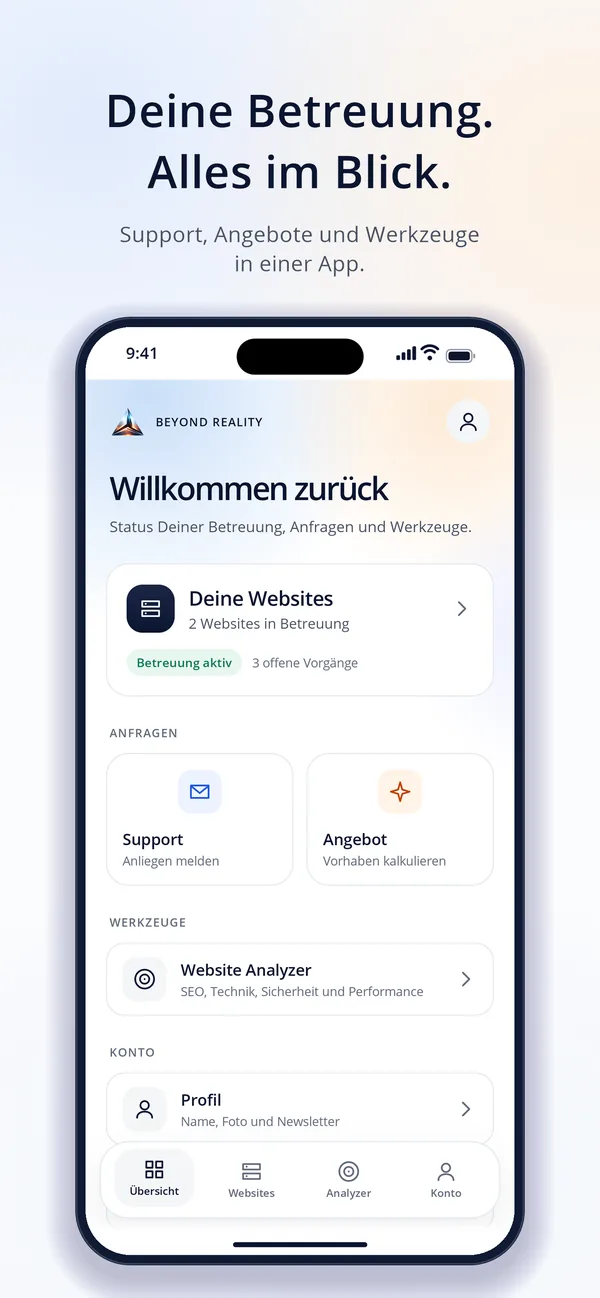 App-Store-Bild der Beyond Reality App: Übersicht mit Websites, Anfragen und Werkzeugen