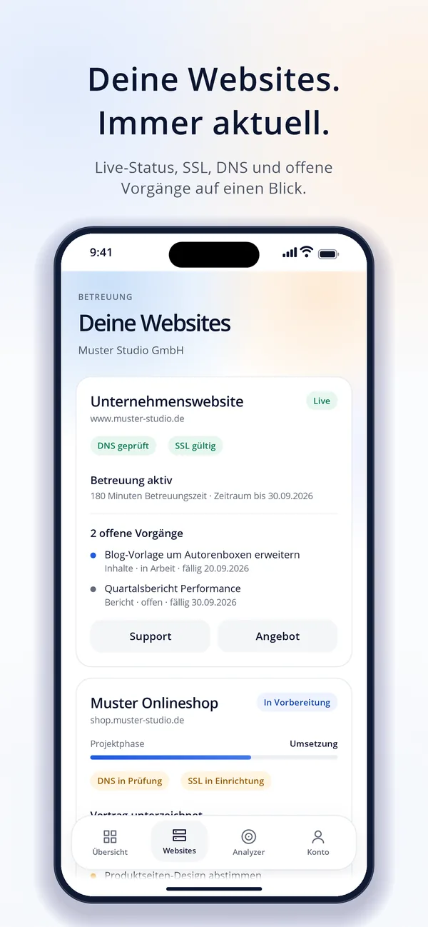 App-Store-Bild der Beyond Reality App: Websites mit Live-Status, SSL und offenen Vorgängen
