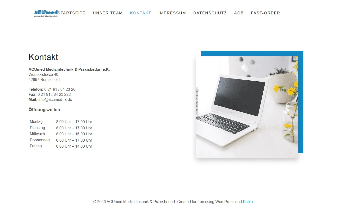 Alte Kontaktseite von ACUmed mit Adresse, Telefon, Fax und Öffnungszeiten als reinem Text