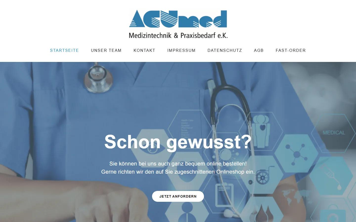 Frühere Startseite von ACUmed: WordPress-Vorlage mit Stethoskop-Foto und Überschrift „Schon gewusst?“