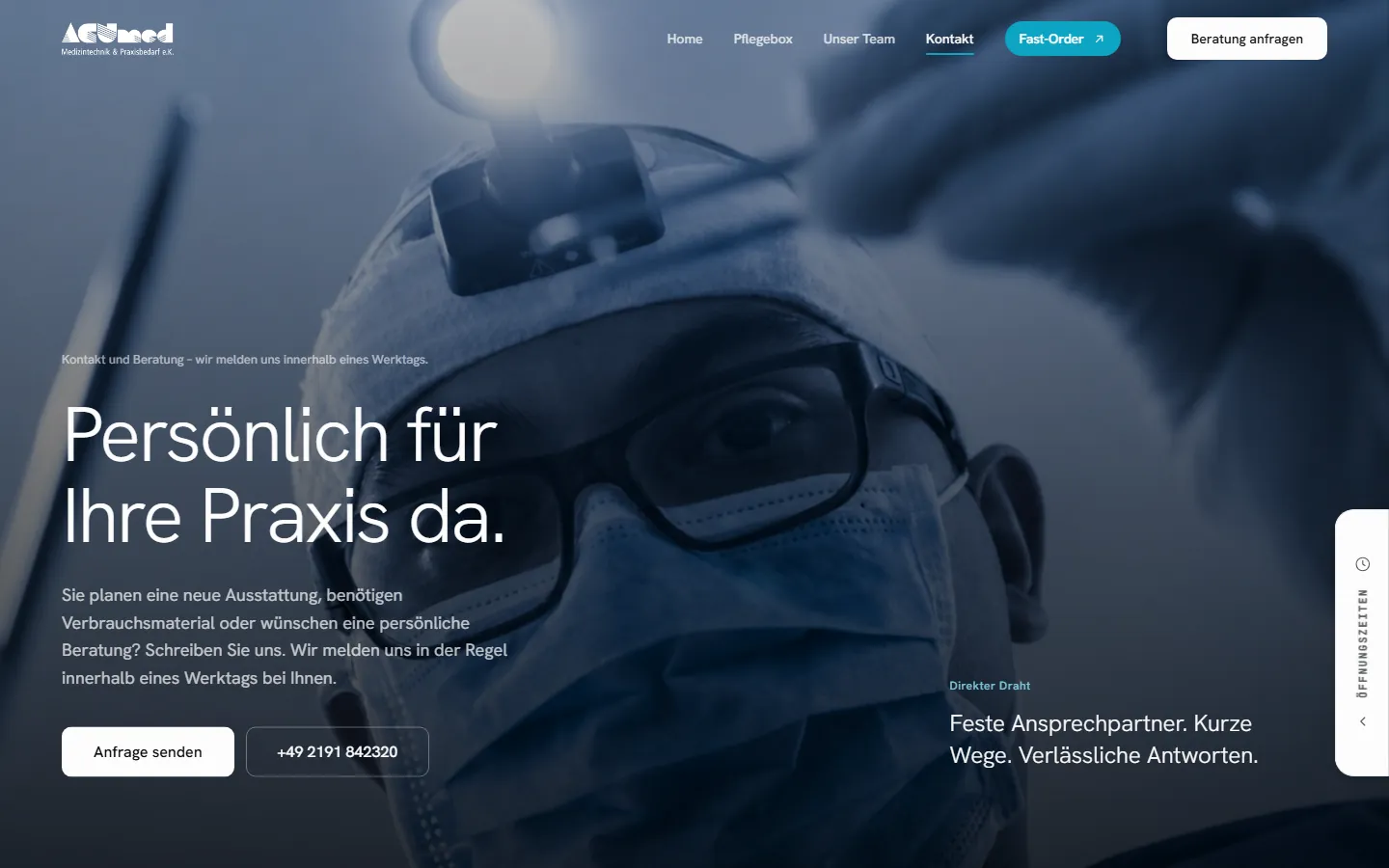 Neue Kontaktseite von ACUmed: „Persönlich für Ihre Praxis da.“ mit den Buttons „Anfrage senden“ und Telefonnummer