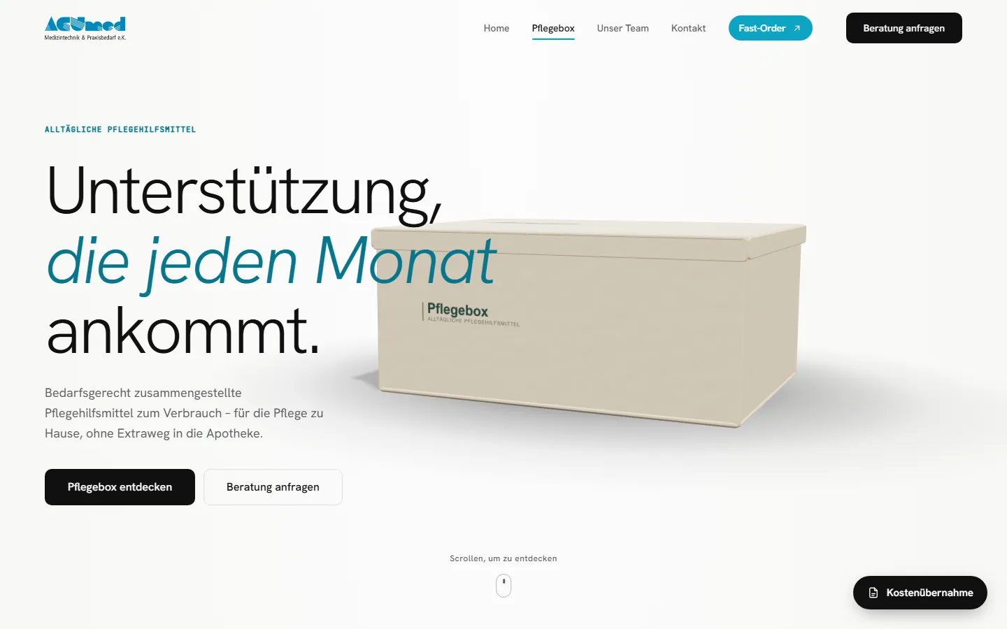 Neue Pflegebox-Seite von ACUmed mit Produktbox und Überschrift „Unterstützung, die jeden Monat ankommt.“